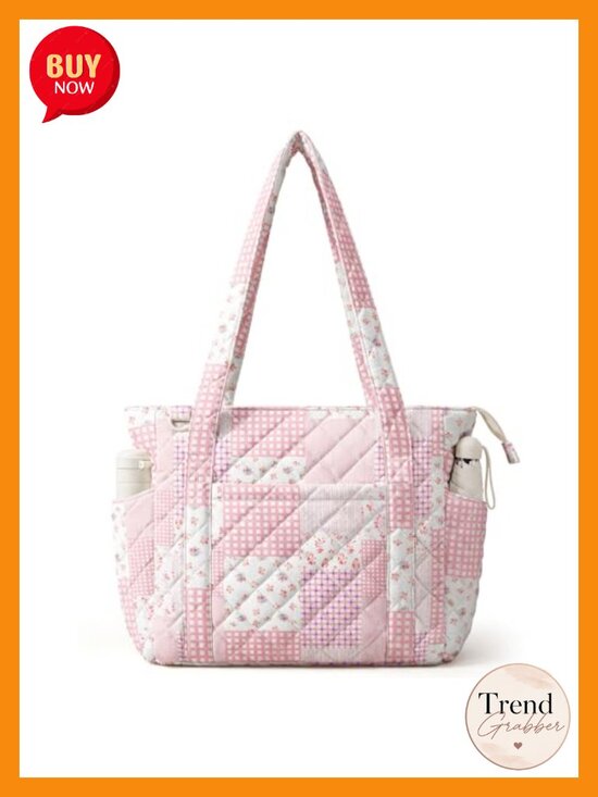 Handbags - Quilted Cotton Tote Bag with Zipper Padded Laptop Sleeve 11 Compartments